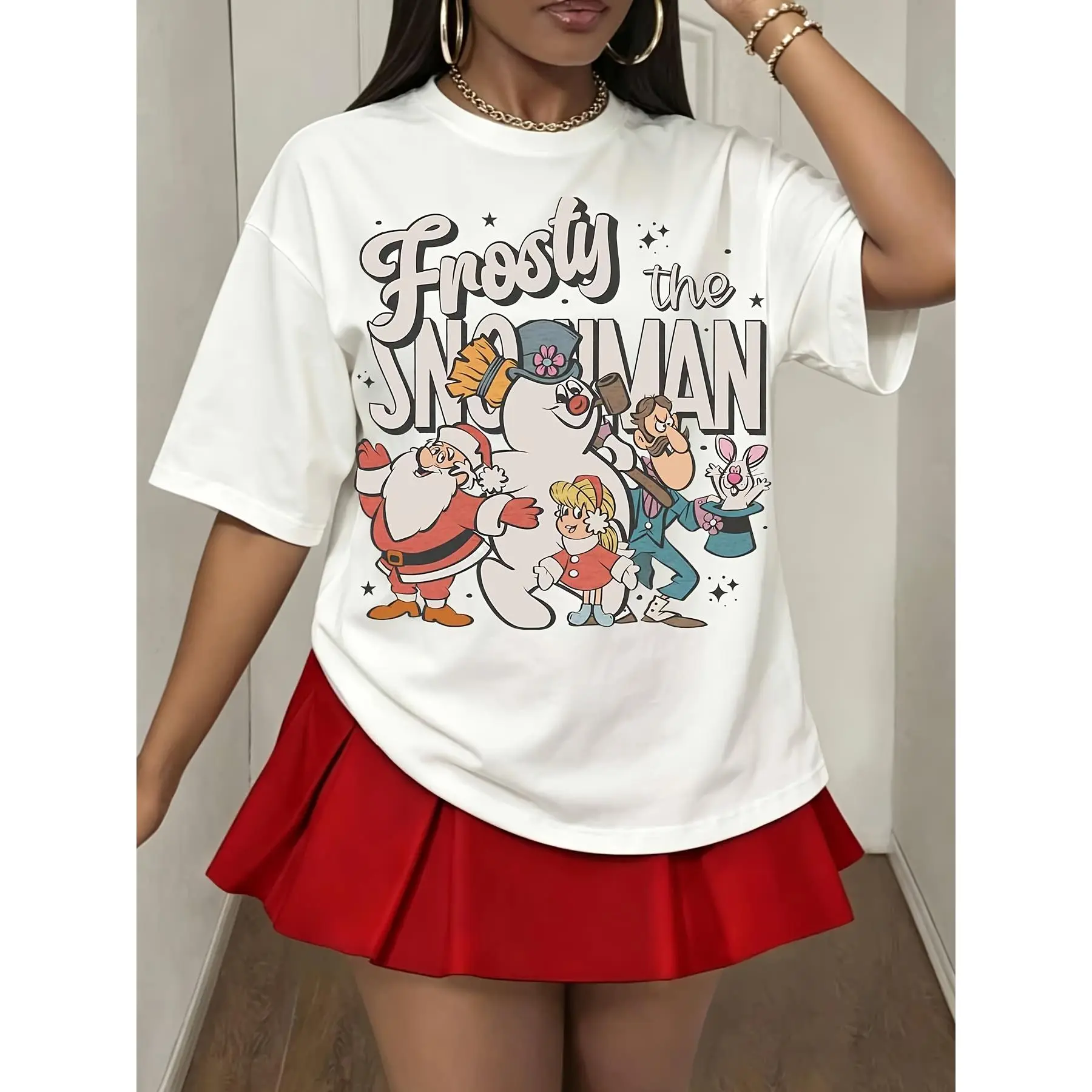 Women's Frosty The Snowman Oversized T-Shirt, Vintage Christmas Graphic Essential Tee, Breathable Fabric Holiday Cartoon Top, Winter Xmas Gym Wear, Casual, Round Neck