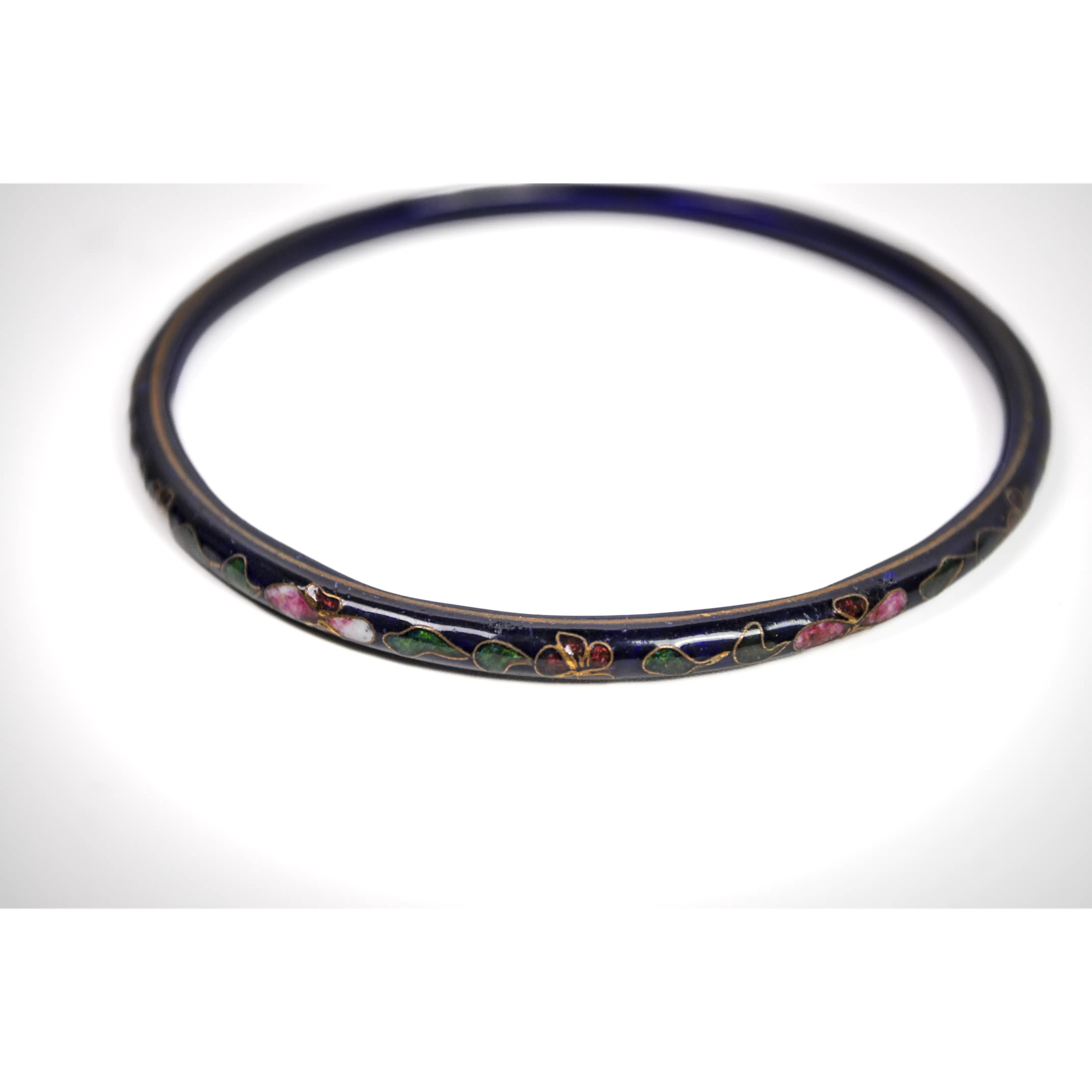 Vintage Chinese Cloisonné Navy Blue Floral Bangle - Hand-Painted Enamel Dark Blue Flower Enamel Dainty Bangle Bracelet