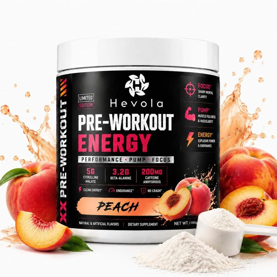 Peach/Strawberry-flavored pre-workout supplement (30 servings), containing 200mg of caffeine per serving.