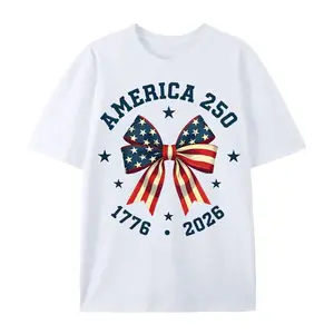 America 250 Stars And Stripes Bow Print T Shirt White Crew Neck Casual Top For Independence Day Celebration