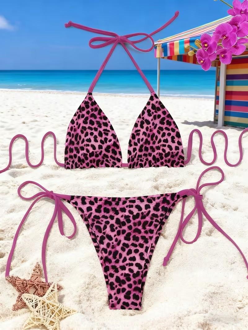 Pink Leopard Print Halter Bikini Set Sexy Side Strap Swimsuit Spicy Style Beach Vacation Women'S Split Swimsuit