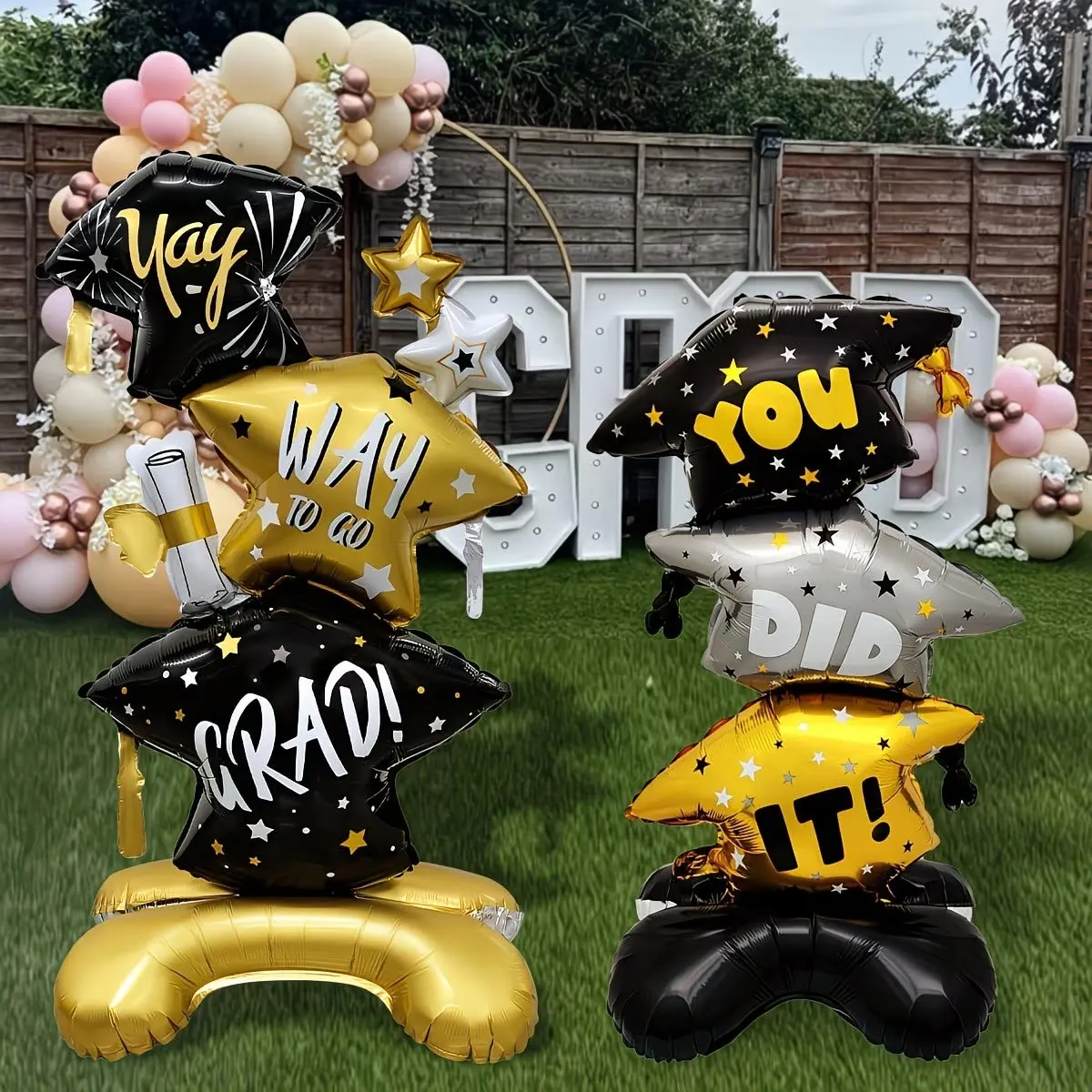Graduation Cap & Gown Themed Foil Balloon Set Black Gold Luxury Style Standing Floor Balloon Decor For Graduates Parents Teachers Graduation Season/Commencement/Grad Party Graduation Themed Party Decorations Balloon Party Supplies Grad Balloons
