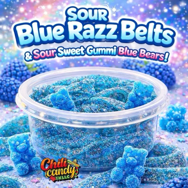 Sour Blue Razz Belts & Sour Sweet Gummi Blue Bears Mixed with Blue Raspberry Candy Powder Snack Combo