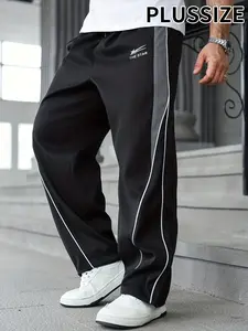 Men's Oversized Casual Drawstring Sports Pants, Comfortable Woven Fabric, All Season Wear, Stylish Patched Design, Long Regular Fit