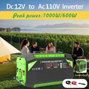 1000w/600w Peak Portable Power Inverter Dc 12V to Ac 110v, LCD Display, 2 Us Outlets, USB Interface, Type-C, PVC Input, Home Outdoor Camping Car Use
