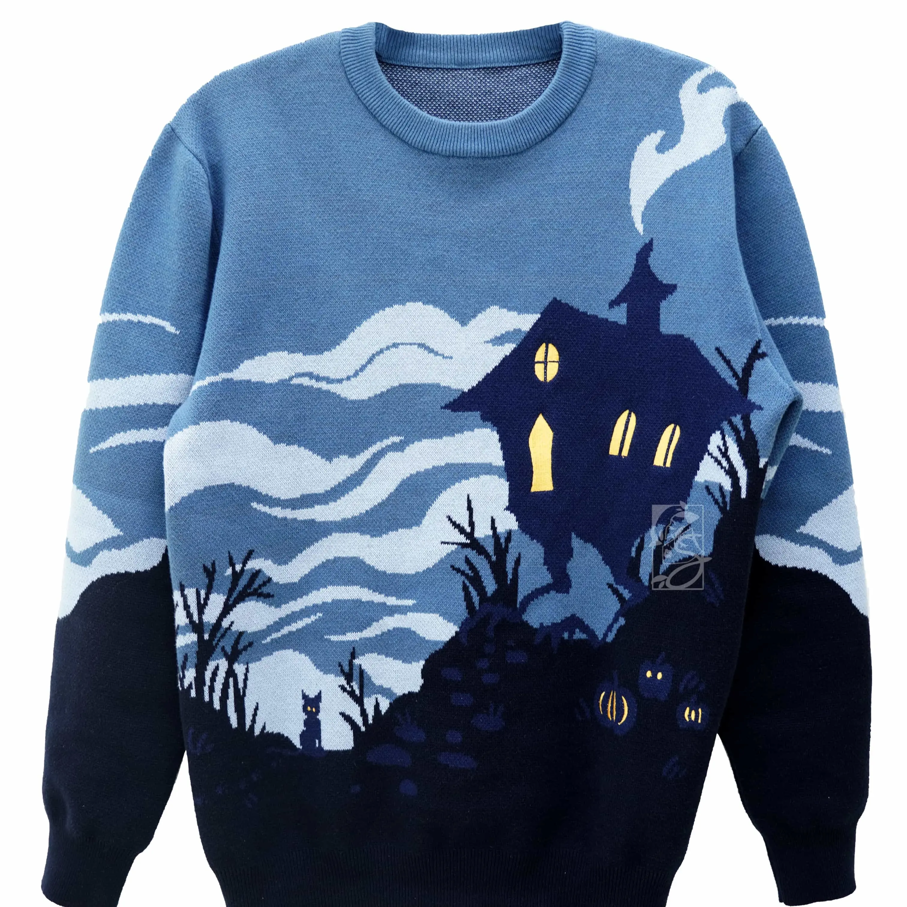 Witchwood 100% Cotton Knitted Sweater | Halloween Themed Blue and Black Baba Yaga Hut and Void Cat Folklore Design Fabric Womenswear