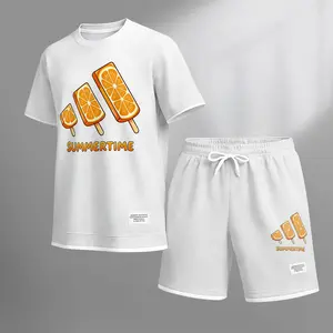 Men’s summer 2-piece set with playful orange popsicle print, short-sleeve T-shirt and drawstring shorts. Lightweight, breathable, perfect for daily wear, beach, sports, travel, or lounging. Relaxed fit, vibrant summer style, casual and comfortable