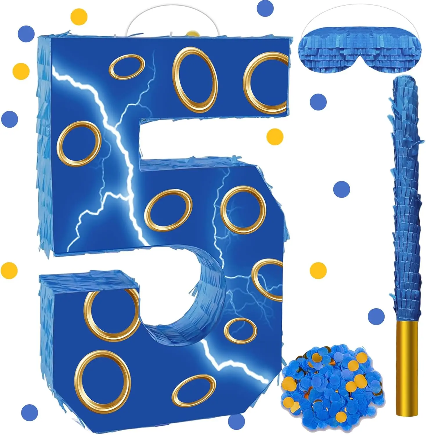 16 Inch Number 5 Blue Gold Ring Pinata with Piñata Stick, Blindfold, Confetti – 4-Piece Game Set for Boy Girl Kids 5th Birthday Party Decorations, Bluey Pinatas for Birthday Party Theme