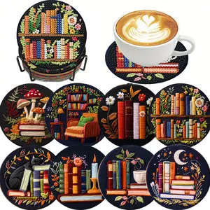 8Pcs Round Diamond Painting Coasters Kit With Holder Full Drill Design For Adults And Kids Gift