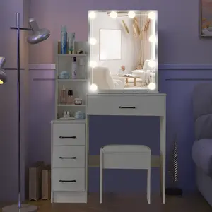 Modern Dressing Table and Stool Set, White Vanity Table Set Makeup Desk with LED Sliding Mirror 4 Drawers & Shelves Bedroom Furniture Storage
