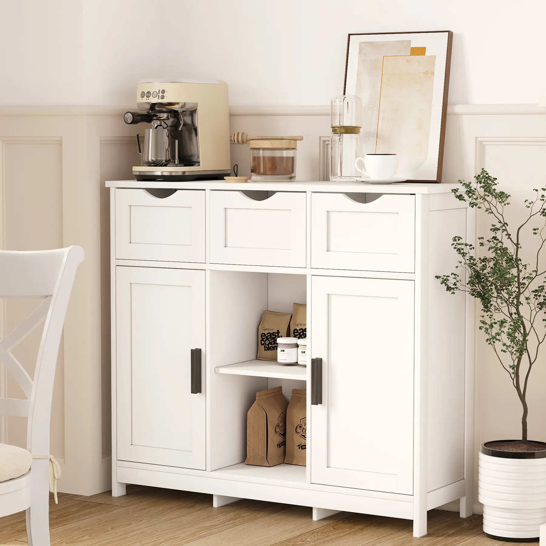 Wooden Adjustable Storage Cabinet - Traditional Indoor Cupboard with Multiple Drawers, Spacious Shelving, Living Room & Bedroom Floor Furniture Accent Piece