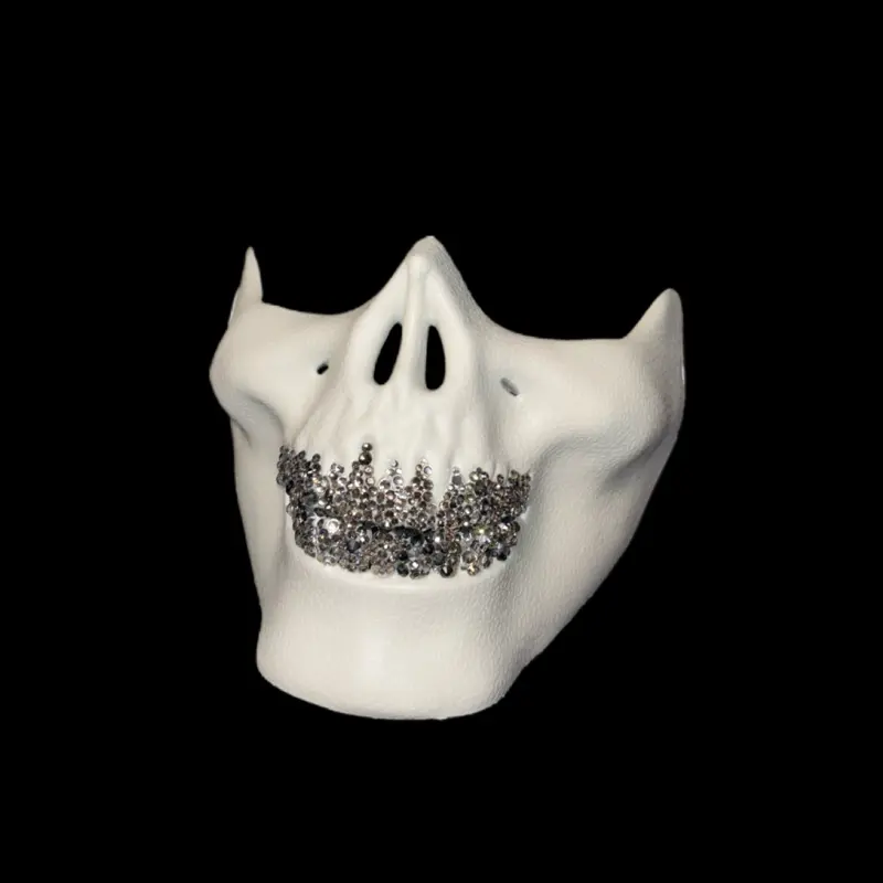 White Half Skull Mask With Blinged Out Crystal Black Diamond & Silver Luxe Crystal Grillz