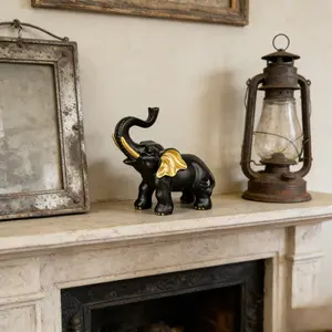 Fortune Mystery Black Elephant Figurine with Gold Ears Resin Animal Sculptures Home Decor Lucky Statue Office Desk Shelf Ornament Housewarming Gift
