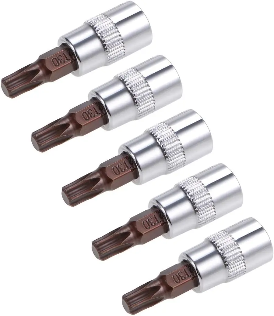 5-Count 1/4-Inch Square Drive T30 Torx Bit Sockets, S2 Steel & Chrome Vanadium Build, 1.5-In (38mm) Length, High Hardness, Automatic Bit Tip Processing, Complete & Rust Resistance, Compatible with Ratchet Wrench, Slide Bar, Extension Rod