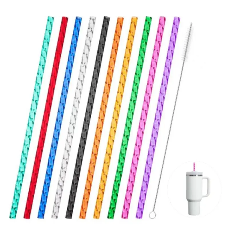 10 Pack Colorful Crystal Swirl Straws, Reusable Shimmering Drinking Straws for Juices, Includes Straw Cleaner Brush, Beverage Utensil, Home Bar Accessories