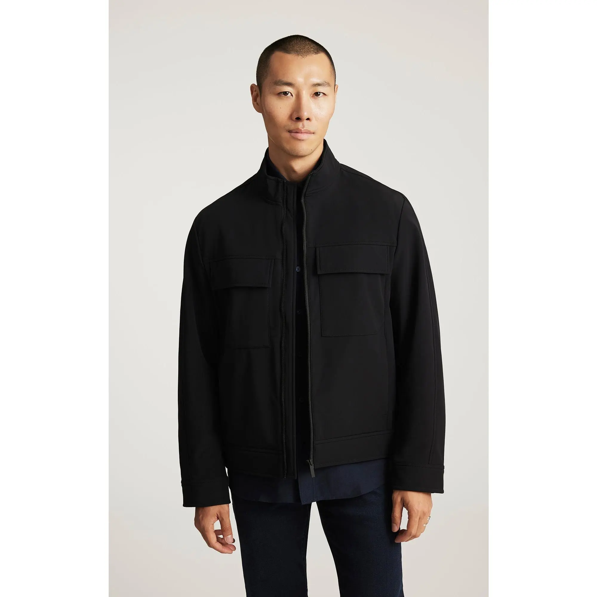 Women's Jet Black Polyester Utility Jacket - Menswear-Inspired Top with Flap Pockets, Zipper Front, Utility Look