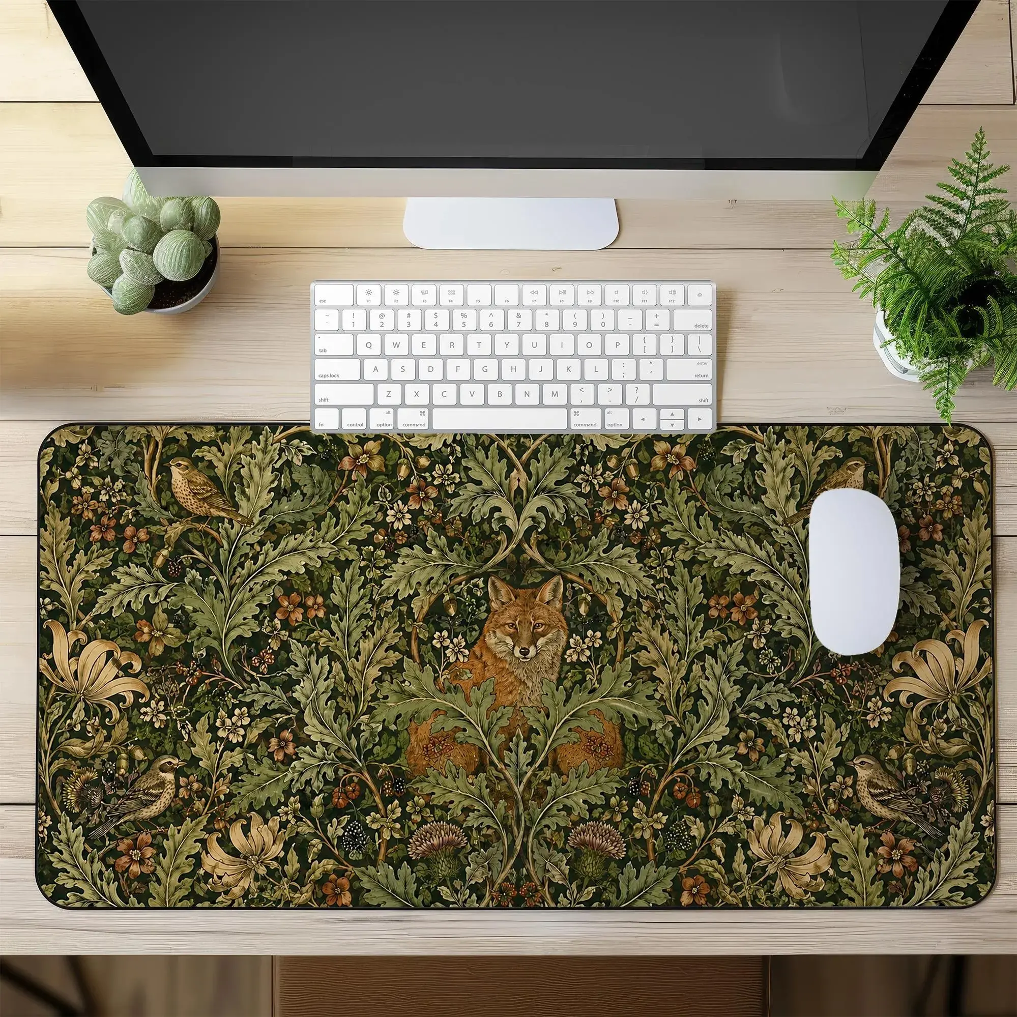 William Morris Fox Desk Mat – Woodland Forest Mouse Pad, Vintage Botanical Gaming Desk Pad, Cottagecore Office Decor