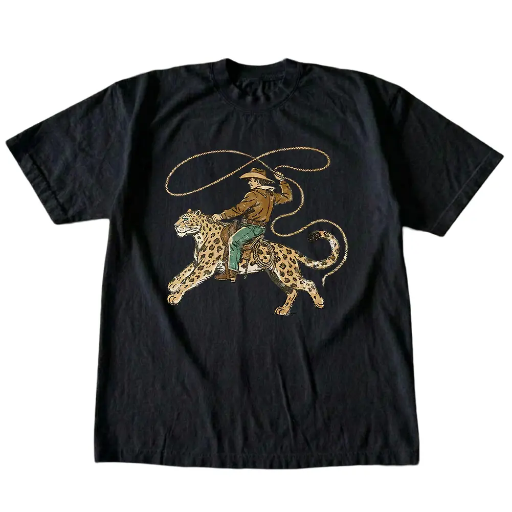 Vintage Western Cowboy Riding Leopard Tshirt Wild West Lasso Rodeo Y2K Printed Crew Neck Graphic Tee Trendy Casual Top For Men Women
