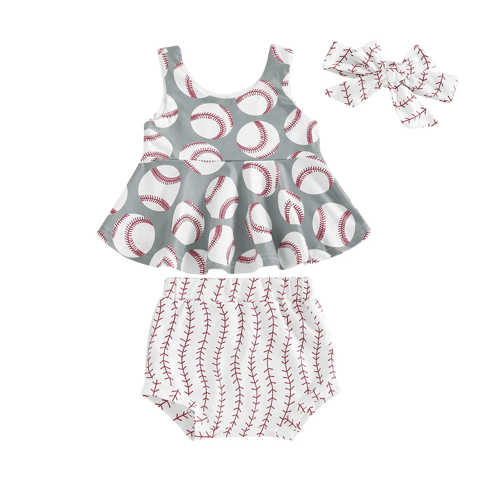 Infant Girls Summer 3PCS Shorts Sets Sleeveless Crewneck Baseball/Fruit Print Tank Tops PP Shorts Headband Sets 0-3T #springtok