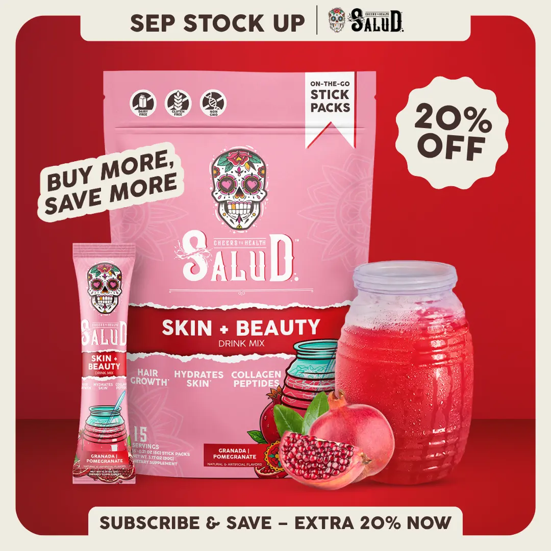 Salud 2-in-1 [Skin + Beauty] Drink Mix Packets, Collagen Peptides with Verisol, Hyaluronic Acid, Vitamin C, Biotin + Lustriva, Beauty Drink Packets, Hydration Sticks, Gluten Free, For Men & Women, (15 Servings)