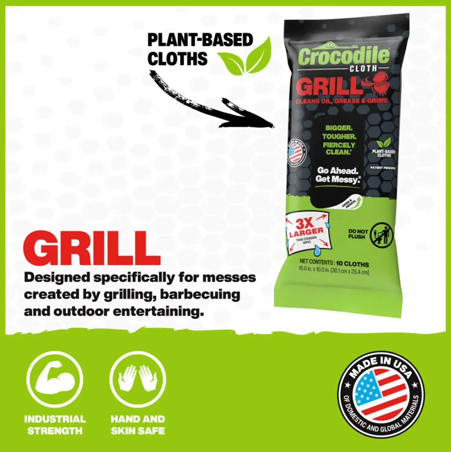 Crocodile Cloth® 10-Count Sturdy Heavy Duty Oversized Oil-Absorbent Unscented Kitchen Grill Wipes - Eco-Friendly Biodegradable Grease Remover for Outdoors Grilling Use