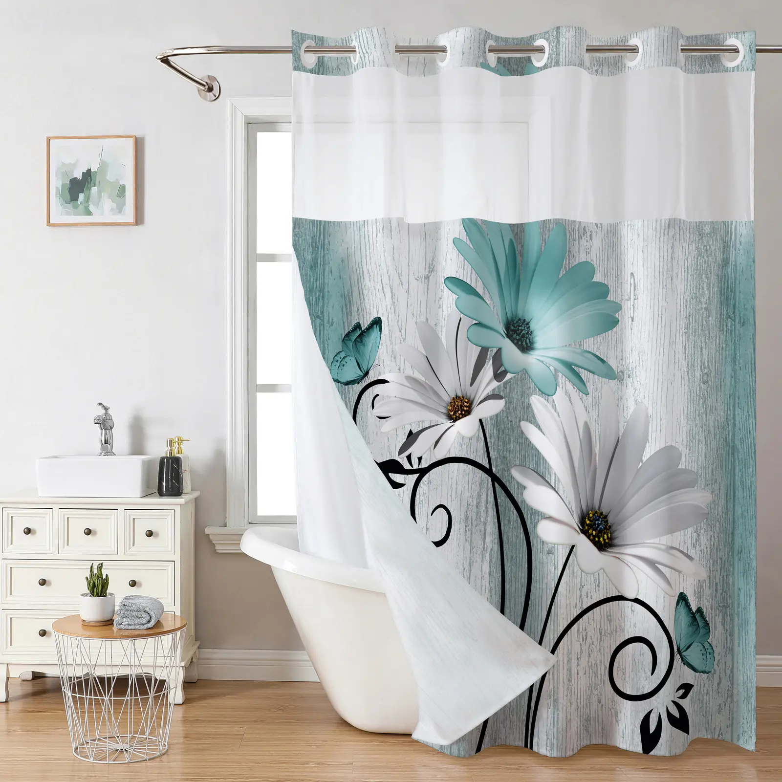 Cyan Floral Pattern Hookless Shower Curtain, Multi-Color No-Hook Design, Easy Installation, Waterproof & Washable, Perfect for Bathroom or Modern Home Decor, 72 × 75 in
