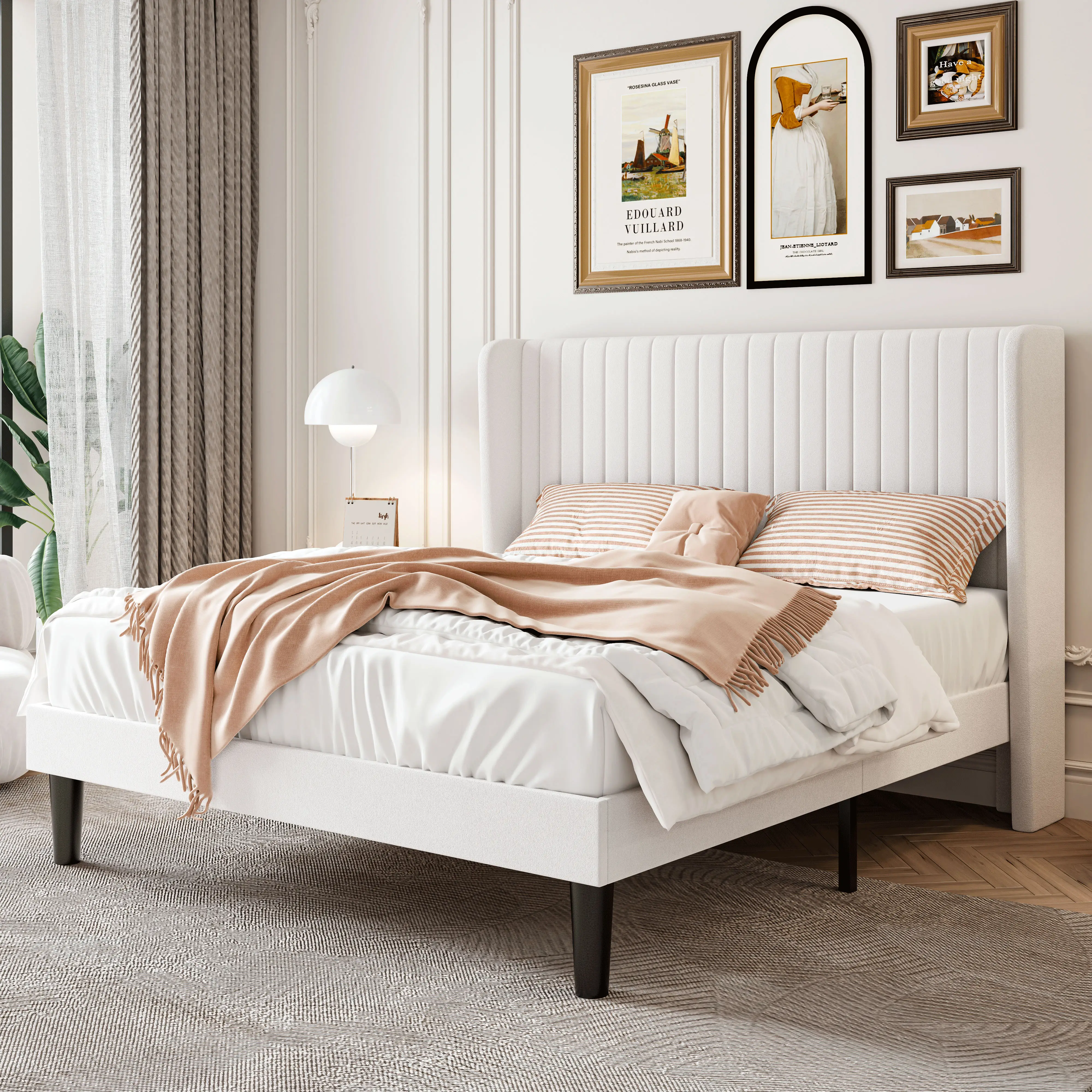 SHA CERLIN Velvet Bed Frame with Vertical Channel Tufted Wingback Headboard【Frame Only No Mattress】Upholstered Platform Bed with Wood Slats, No Box Sp