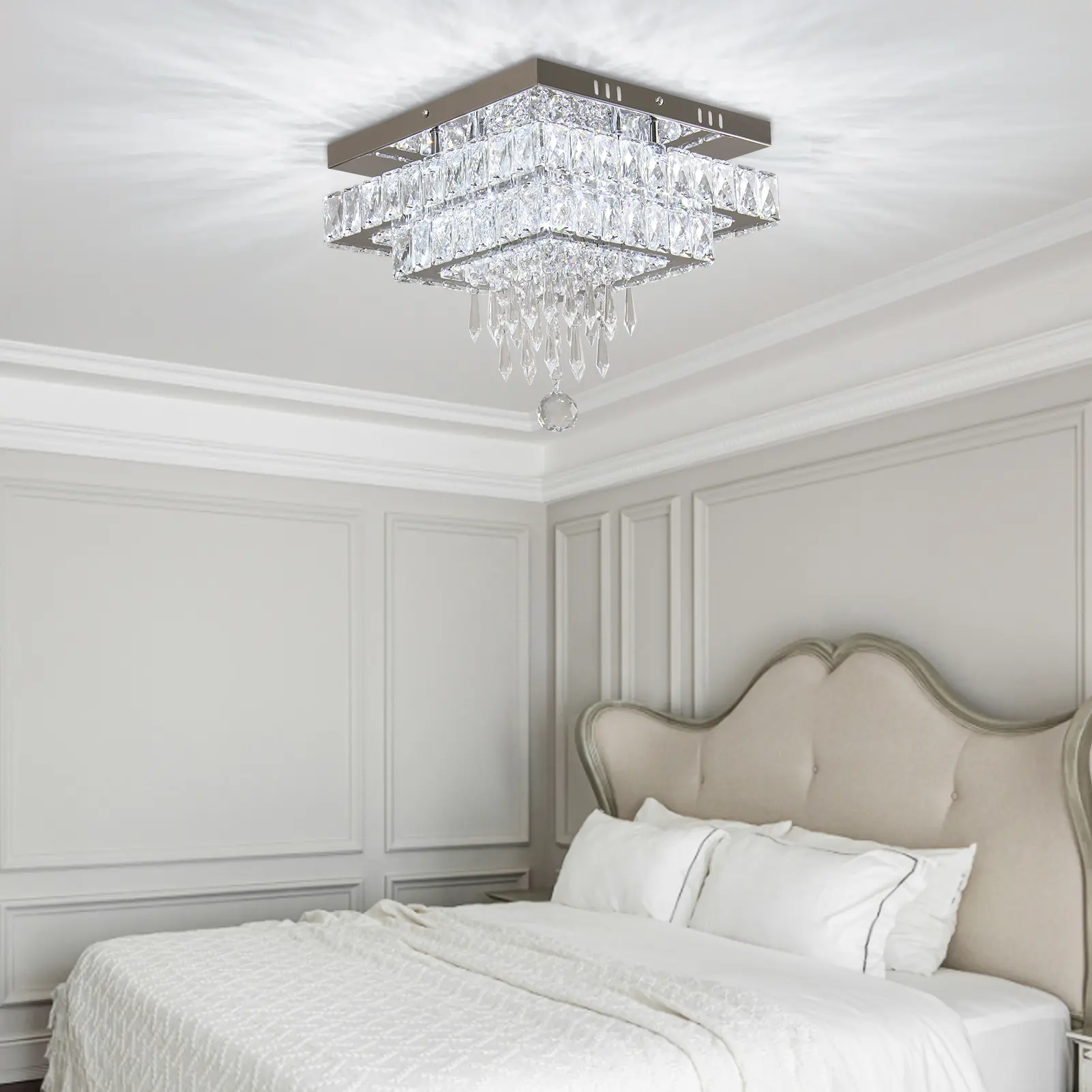 Double-Layer Square 12.9" Crystal LED Ceiling Light Chandelier Dimmable Flush Mount Middle Size Home Bedroom Kitchen Closet Foyer Hallway Lighting QH-MC056