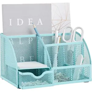 Mesh Desk Organizer Office with 7 Compartments + Drawer/Desk Tidy Candy/Pen Holder/Multifunctional Organizer (Turquoise)