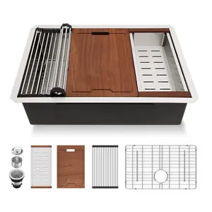 Lordear 28&27 Inch Workstation Undermount Kitchen Sink Single Bowl 16 Gauge Stainless Steel Kitchen Sink with Colander,Cutting board, Roll up rack