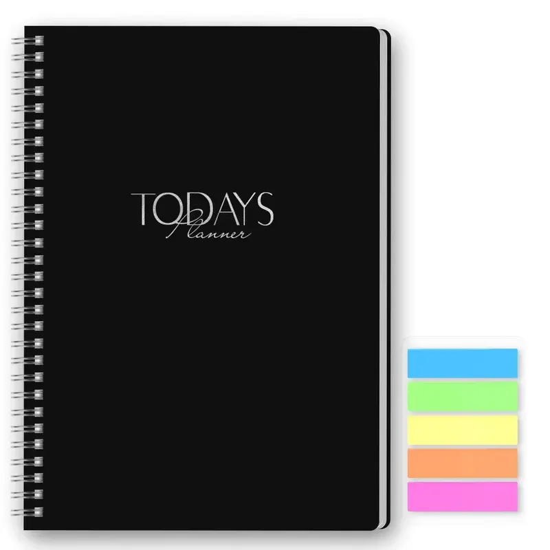 Daily Planner Book, Day Planner, Undated Timeline Schedule Notebook with To-Do List & Habit Tracker, Minimalist Coil-Bound Productivity Journal with Stickers