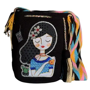 Handmade Crochet Girl Portrait Bag with Stonefix – Black Artisan Crossbody Mochila