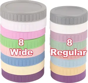 16-Piece Kitchen Mason Jar Lids - 8 Wide Mouth, 8 Regular Mouth Colorful Plastic Lids with Silicone Rings, Thick Leak-Proof Lids for Mason Jar Storage & Canning, Compatible with Kitchen Containers & Utensils Use