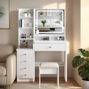 Makeup Vanity Desk With Mirror And Lights, 3 Adjustable Brightness Color Lighting Modes, Vanity Set With Drawers, Stool And Open Shelves, Dressing Table For Bedroom