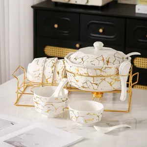 Marble Pattern Soup Pot Tableware Set, Including Soup Pot & Bowl & Spoon, Housewarming Gift, Kitchen Accessories, Kitchenware