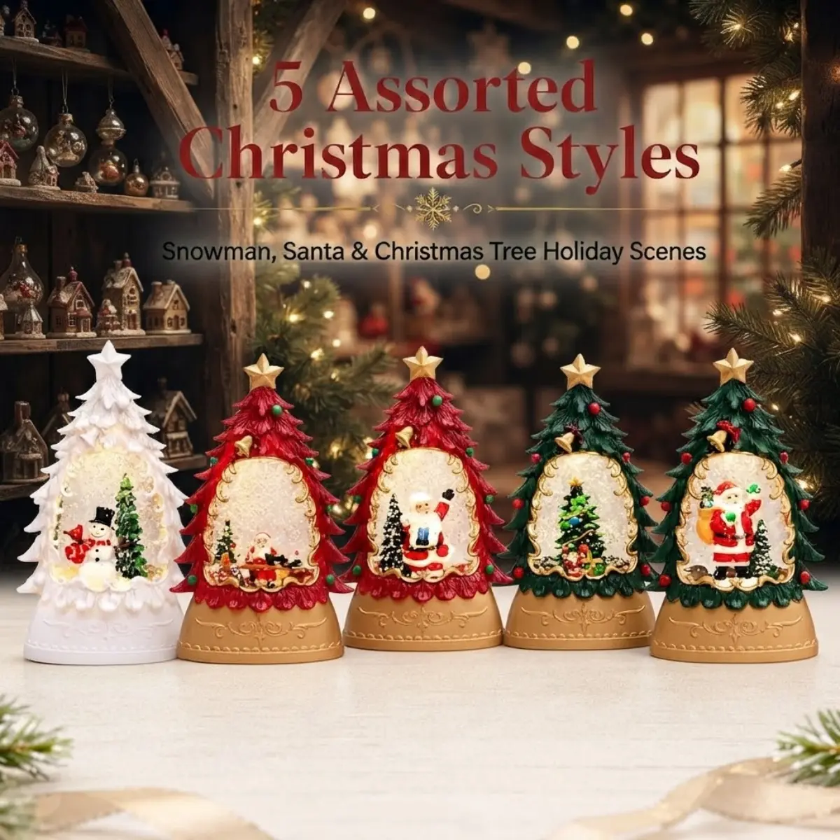 Christmas Tree Snow Globe Lantern Light Up Festive Santa Claus Snowman Decorative Water Lantern Night Lights Battery Operated Lighted Tabletop Table Centerpiece Home Room Decor Holiday Christmas Gifts Stocking Stuffers for Kids Friends