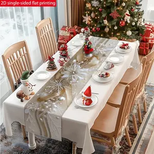 1pc New Year Holiday Themed Table Runner  Printed Design Adorned with Shimmering Golden Ribbon Crystal Pearls and Delicate Snowflake Elements Accented with Elegant White Flowers and Sparkling Synthetic Gemstones Creates A Romantic