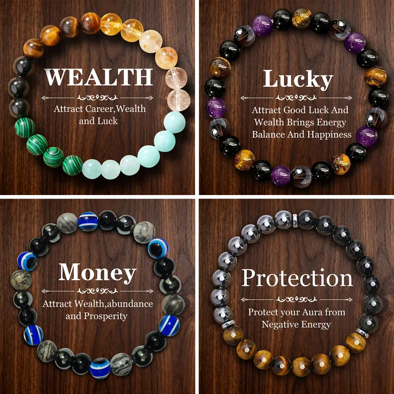 4PCS High Quality Healing Crystal Bracelet Stacks - Natural Citrine, Malachite, Tiger Eye, Amethyst Elastic Band Jewelry for Adults' Daily Wear, Crystal Style Adornment for Banquets