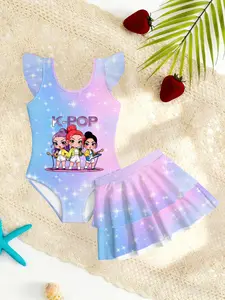 K-Pop Girl Group Blue Star Gradient Two-Piece Swimsuit, Skirt Style Swimwear, Cute Slim-Fitting Design