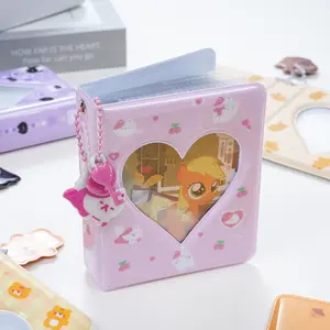3-inch Mini Photo Album Heart-Shaped Hollow Card Binder with 40 Pockets Pink and White Cat Cover DIY Souvenir Decoration 1pc