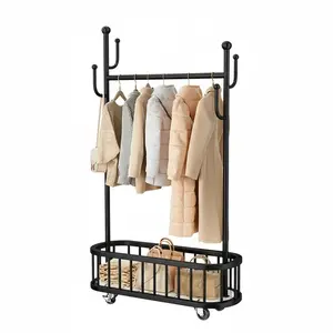 Garvee Portable Metal Clothes Rack with Wheels and Storage Basket - Sturdy Clothes Stand with Shelf and 4 Hooks - Ideal for Bedroom, Laundry Room, and Living Room