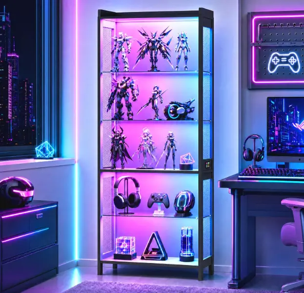 Dystler 67" Tall Glass Showcase Cabinet - Tall Cabinet with 5-Tier Stackable Transparent Racks & Displays, APP RGB Lights, Motion Sensor, Adjustable Glass Shelves, Top Guardrail for Collectibles