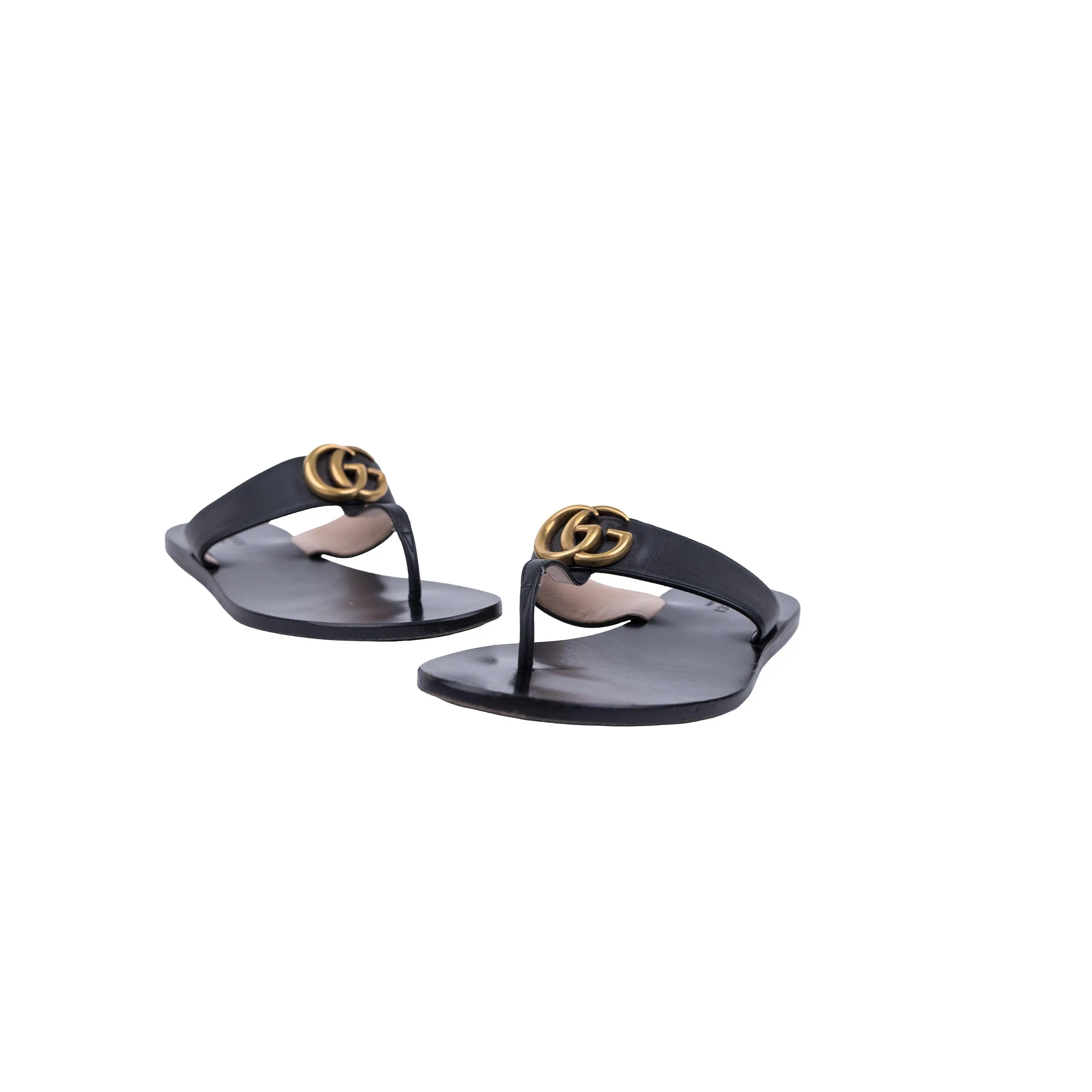 Gucci Black Leather Double G Marmont Thong Sandal Gold Hardware Size 34.5