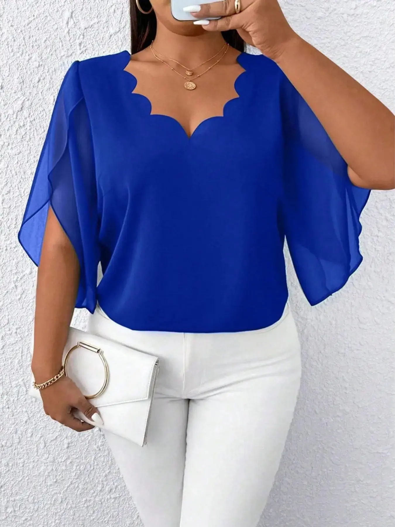 Plus Size Women's Blue Chiffon Top Trendy Outfits, Sweet Wave V-Neck, Sheer Flutter Sleeves, Loose Fit, Vintage Elegant Style, Breathable, Arm Line Accentuating, Chic, Premium Quality, Versatile Wear, Casual
