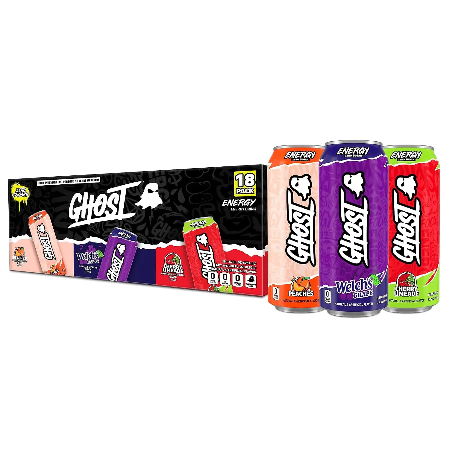 Energy Drink, Zero Sugars, 18-Pack, Variety Pack, 16oz | Energy & Focus Pre Workout Drink, No Artificial Colors, Gluten-Free, Vegan - 200MG Natural Caffeine, L-Carnitine, Taurine