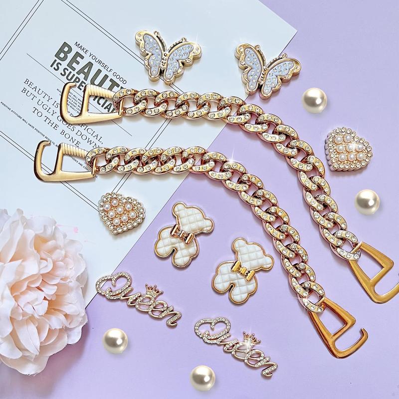 Bling Shoe Charms for Women Girly Golden Chains for Clog Sandals Rhinestones Bling Chain Charms Cute Designer DIY Shoe Accessories Decoration Jewels Party Favors