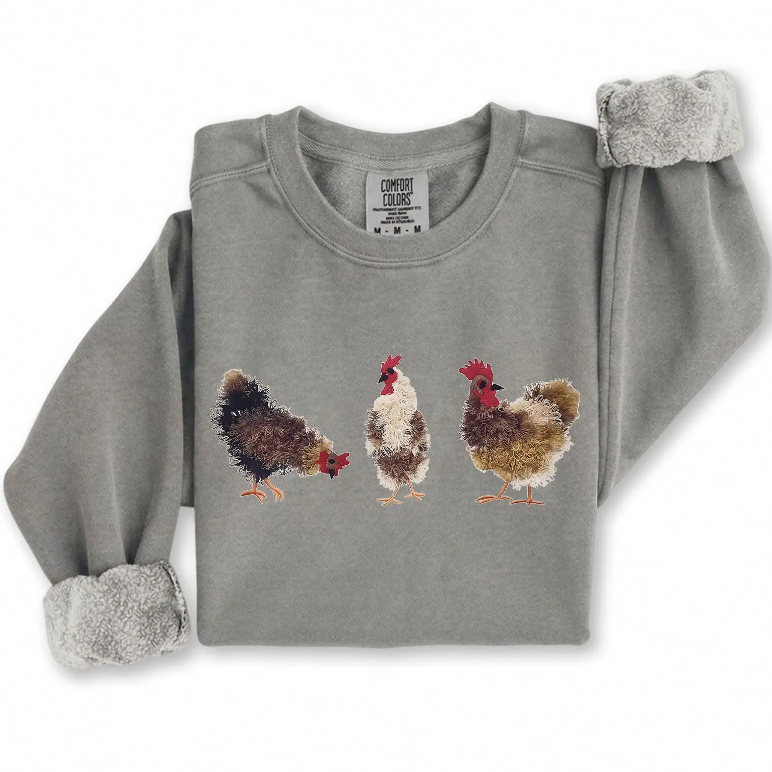 Comfort Colors Chicken Crewneck Sweatshirt, Fluffy Chicken Trio Graphic Pullover, Cute Backyard Chicken Keeper Gift