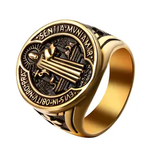 OIDEA Men's Gold Stainless Steel Engraved Saint Benedict Medal Catholic Signet Ring - Male Religious Motif Ring with Cross, Exorcism Protection, Metal Coating, Faith Jewelry, Protection Jewelry (Sizes 8-13), Religious Motif Rings summerwins,summerwins