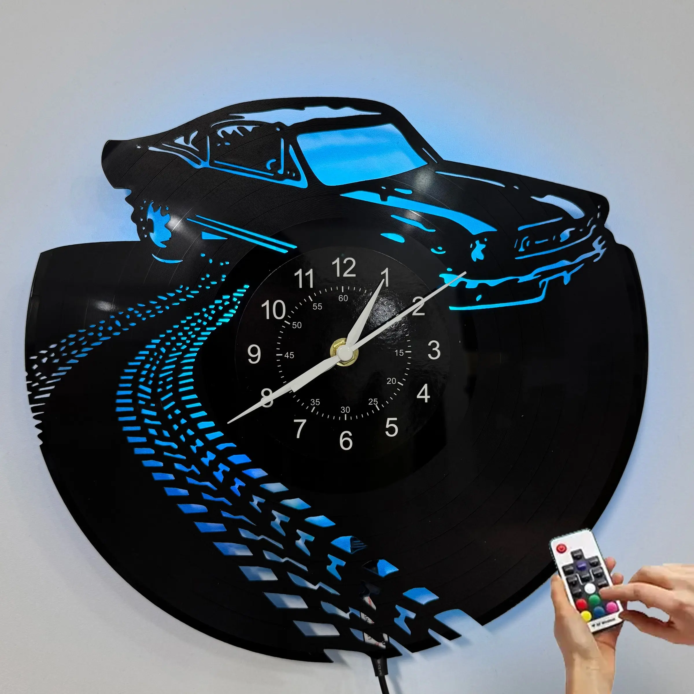 Drift Car Vinyl Record Wall Clock with LED Backlight, Electronic Movement, Casual Style, Decorative, Perfect for Car Lovers, Gift, Creative Decorative Clock