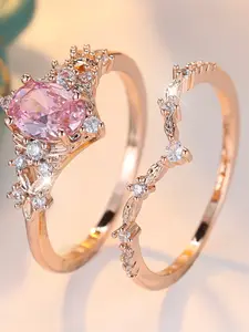 A set of heart-shaped rings made of synthetic pink zirconia is fashionable and retro, suitable for women to wear at travel parties, Artificial Zircon Rings